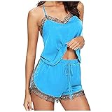 APOKIOG Damen Kurz Schlafanzug Spitze Pyjama Armlos Shorty V-Ausschnitt Zweiteiliger Hausanzug Oberteil und Hose Damen Schlafanzug Satin Nachthemd Sommer Kurz Pyjama Shorty Nachtwäsche Negligee S