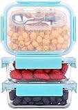 GENICOOK Frischhaltedosen aus Glas inkl. Mini Besteck, Meal prep Boxen Glas, Glasbeh?lter mit Deckel, Meal Prep Glassch¨¹ssel & Gefrierfach geeignet 1050ml *3£¨Neue£©¡­