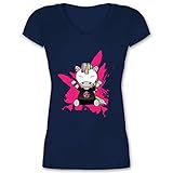 Einhorn Geschenk Unicorn - Punk Einhorn - S - Dunkelblau - Piercing - XO1525 - Damen T-Shirt mit V