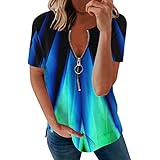 Sommer-Tops für Damen, modisch, lässig, bedruckt, Tunika, V-Ausschnitt, Reißverschluss, kurzärmelig, Blusen, lockere Hemden, dunkelblau, X-Larg