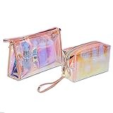 Kosmetiktasche Laser Holographische Make-Up Tasche Kulturbeutel Transparent Flugzeug Wasserdicht Durchsichtige Kulturtasche Laser Glitzer Bleistift Tasche Make Up Tasche Organizer Tragegriff 2 Stück