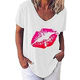 Damen Oberteile Sommer Locker Lippen Drucken T-Shirt mit V-Ausschnitt Lässiges Kurzarm-Sommertop Mode Bluse Lose Tshirt Mode T-Shirt Elegantes Oberteil Motiv S