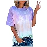 Xniral Damen T-Shirt Tie-Dye Farbverlauf Beiläufig Übergroße Lose Basic Tops Bluse Sport Yoga Shirt Tshirts Rundhals Oberteile(Blau,5XL)