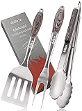 Grilluxe® Premium Grillbesteck Set, 3-teilig | Deluxe BBQ Tool Set | Pakkaholz + Edelstahl | Extra lang | Grillzange + Grillwender + Fleischgabel | Grills und Backöfen | Integrierter Flaschenö