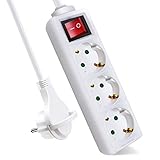 ExtraStar Steckdosenleiste 3-Fach (Mehrfachsteckdose mit Save Energy-Schalter zum Stromsparen, Kabel 1.5m, IP20, Kindersicherung, Neuer Flachstecker) 16A, 3680W, Weiβ