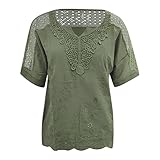 Damen Elegant Spitze Bluse Sommer Oberteile V-Ausschnitt BlusenShirt Kurzarm T-Shirt Tops Casual Spitzeblusen Tunika S