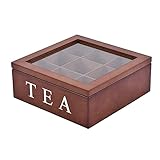 Qagazine Schmuckkästchen, klein, tragbar, Reise-Aufbewahrungsbox, 9 Zellen, Holz-Aufbewahrungsbox mit sichtbarem Deckel, für Teebeutel, Schmuck, Kaffee, Retro-Stil, 23 x 23 x 9