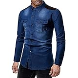 Jeanshemd Herren Slim Fit Einfarbig/Spleißen Revers Langarm Shirt Herren Vintage Mode Wasser Waschen Jeanshemd Herren Frühling Herbst Lassig Hemd H