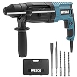 WESCO Bohrhammer 800W, 2,8 J 3 in 1 Bohrmaschine Abbruchhammer, 5 Stück SDS-plus-Wechselfutter & Links-/Rechtslauf, Max Bohrleistung bei Stahl:13mm, Stein:26mm, Holz:30mm /WS3212K.1