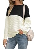 Cassiecy Damen Strickpullover Winter Langarm Farbblock Pullover Lose Aushöhlen Rundhals Lose Mode Sweatshirt (Schwarz, S)