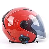 Rot Bluetooth Open Face Motorradhelm, 3/4 Motorradhelm mit Visier Jet Halber Motorradhelm Mofa Crash Moped Scooter Bobber Chopper Cruiser Pilot Racing Cap E,S