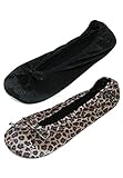 Isotoner Damen Satin Klassische Ballerina Hausschuhe (2er Pack) Schwarz und Gepard, Schwarz und Gepard, M