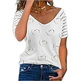 QWERD Damen Sommer V-Ausschnitt Kurzarm T-Shirt Herzdruck Casual Lose Tunika Oberteile Blusen Tshirt Tops Damen Tshirt Kurzarm Oberteile Liebe Herz Drucken Hemd Mode Tee Tops Fitness Sport S-5XL