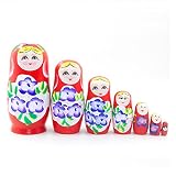 Lhl Set von 7 Massivholz Matryoshka, 6,5 Zoll Handgemachtes Kinderspielzeug Russische Nistpuppen, für Zuhause Weihnachten, Geburtstagsgeschenke Gestapelt (Color : Red)
