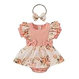 HuiSiFang 3PCS Baby Mädchen kurze Baby Body Rüschen Top Kleinkind Blumen Hosenträger Rock Bogen und Stirnband Kinderkleidung für Frühjahr und S