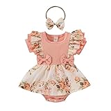 HuiSiFang 3PCS Baby Mädchen kurze Baby Body Rüschen Top Kleinkind Blumen Hosenträger Rock Bogen und Stirnband Kinderkleidung für Frühjahr und S