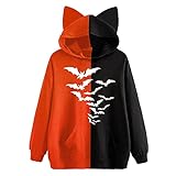 iYmitz Damen Hoodie Halloween Schläger Drucken Zweifarbig Spleißen Ohr Langarm Tasche Pullover Sweatshirt Outwear Lose Stretch Beliebten Freizeit Halloween Thema Beiläufig (Orange, XL)