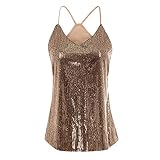 Teenager Mädchen Sexy Leibchen Pailletten Unterhemd für Damen mit Spaghetti Trägern und V-Ausschnitt Elegant Schulterfrei Damenwesten Ärmellos Lang Einfarbig Trägershirts mit Träg
