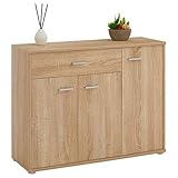 CARO-Möbel Kommode Estelle Sideboard Mehrzweckschrank, Sonoma Eiche mit 3 Türen und 1 Schublade, 88 cm b