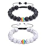 2 Pack Couples Partner Bracelets, Energy Bracelet LGBT Bracelet, Rainbow Stripes Natural Lava Stone Gay Pride Homosexual Mala Ball Braided Rope Bead Men W