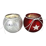 Bada Bing 2er Set XL Windlicht Stern mit Zierband Silber Effekt groß bauchig Weihnachten Weiss Rot 74