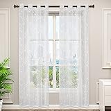 WOLTU VH6054ws-2, 2er Set Gardinen transparent Blumen Stickerei mit Ösen Leinen Optik, Doppelpack Ösenschal Vorhang Voile Fensterschal Dekoschal für Wohnzimmer Schlafzimmer, 140x245 cm, Weiß