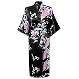 Black Sugar Kimono Pyjama Tunika, Nachtkleid, Damen, Nachtkleid, Peacock Kimono lang, Pfau, Schwarz , M