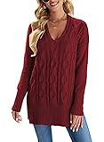 Sidefeel Damen-Pullover, V-Ausschnitt, lockere Passform, Strickpullover - Rot - Groß