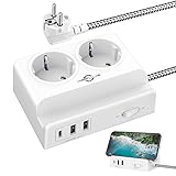 Steckdosenleiste USB, KEPLUG Mehrfachsteckdose 2 Fach ( 2500W /10A ) mit 2 USB , Type-C ( 3.4A ) , USB Steckdose 1,5 M Geflochtenes Kabel mit Handyhalter, Tragebare Wandsteckdose mit N