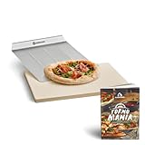 BURNHARD Pizzastein und Pizzaschaufel für Backofen, Gasgrill & Holzkohlegrill aus Cordierit und Edelstahl für Brot, Flammkuchen & Pizza, rechteckig - 38 x 30 x 1,5