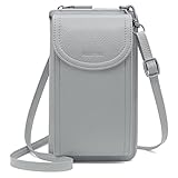 REETEE Handytasche zum Umhängen RFID Schutz Geldbeutel Damen Handy Umhängetasche Leder Viele Fächer Handy Schultertasche mit 12 Kartenfächer Klein Crossbody Handytasche Geldbörse für Frauen (grau)