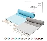 SOLTAKO XXL 2X Fouta Strandtuch Handtuch Saunatuch Badetuch Hamamtuch Yoga Decke Pestemal Damen Herren in Aqua & Pastellgrau Farben als 2er Geschenkset extra groß leicht, 100 x 200