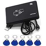 AMAO RFID Reader IC Kartenlesegerät Berührungslose 14443A Kartenleser Card Reader mit USB Schnittstelle + 5pcs x 13.56MHz RFID Chip Transponder Schlüssel-Anhänger Key fob