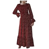 KIMODO Freizeitkleider Langarmkleid Blumendruck Strandkleider Damen Maxikleider Boho V-Ausschnitt Partykleider Vintage Casual LooseCocktailkleid Abendkleid (A-Rot, XL)