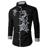 Herren Dragon Print Langarm Casual Slim Fit Turndown Kragen Top Bluse Revers Hemd Ob