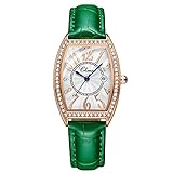 Damen Mode Uhren, L'ananas Mode Arabische Ziffern Datumsanzeige Strass Eimer Form Lederband Armbanduhren (Grün)
