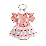 HuiSiFang 3pcs für Kinder Frühling Set Mädchen kurze Baby Body Rüschen Puffärmel Top Polka-Dot Herzmuster Hosenträger Rock Bogen und Stirnband Mädchen Kinderkleidung S