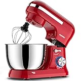 Küchenmaschine, Knetmaschine zum Backen, 1300W 8-Gang elektrischer Kuchenmixer mit 4,5L Schüssel, Rührbesen, Haken, Schneebesen, Eiertrenner (rot)