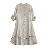 YEBIRAL Damen Bluse V-Ausschnit Langarm Shirt Leinen Einfarbig Lässige Lose Tunika Tops T-Shirt Hemdbluse Große Größen (EU-38/CN-M, A- Beige)