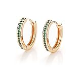 Damen Creolen Silber Gold Ohrringe, Schmuck Rosegold mit klein AAA Zirkonia gefasste strass steine Ohrstecker, Durchmesser 14mm zum Schlafen Frauen Kreolen Modell 925 Grü
