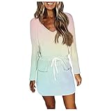 Minikleid Langarm Freizeitkleid Langarm Blusenkleid Damen Kleider Tshirt Winterkleid für Damen V-Ausschnitt Minikleid Lose Tunika Boho Loose Rock Leinenkleider Geschenk Für Frauen (H-Green, S)
