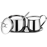 Milch und Zucker Schüssel Set Edelstahl Latté Milch Tasse Sahnekännchen und Zucker Schüssel mit Deckel Löffel Tablett zum Kaffee Servieren Set Aufschäumen M