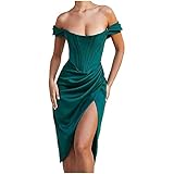 Briskorry Sexy Damenkleid mit überzogenen Schultern Hohe Taille Schulterfrei Abendkleid mit hohem Schlitz Elegant Einfarbig Bankett Cocktailkleid Ruched Partyk