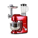 Klarstein Lucia Rossa - Universal Küchenmaschine, Rührmaschine, multifunktionale Küchenmaschine mit Fleischwolf, 1300 W, 5 L, planetarisches Rührsystem, Mixbecher, Edelstahlschüssel,