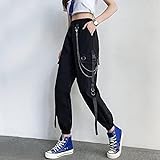 LKHJ Frauen Cargohose Haremshose Mode Punk Taschen Joggerhose Mit Kette Harajuku Elastics Hohe Taille Streetwear-Schwarz_S