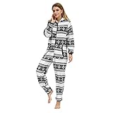 BIBOKAOKE Jumpsuit Schlafanzug Damen Frottee Weihnachts Pyjama Damen Einteilig Strampler Mit Kapuze und Reißverschluss Overall Nachtwäsche Long Sleeve Bodysuit Hausanzug Freizeitanzug