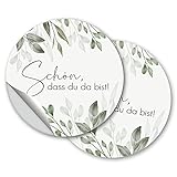 'Schön, dass du da bist' 100 Aufkleber Sticker für Gastgeschenke - Vintage, Boho-Look für Hochzeiten, Geburtstag, Taufe, Konfirmation im Eukalyptus Blumendesig