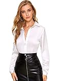 DIDK Damen Langarm Bluse Satin Oberteil Tunika Büro Shirts Elegant Tops Knopfleiste Hemd Oberteile Hemdbluse Einfarbig Stehkragen Weiß S