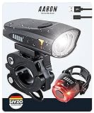 AARON LED Fahrradlicht Set mit starkem Akku, USB & StVZO Zulassung - Fahrradlampe mit starker Leuchtkraft (bis 6,5 Stunden) - Fahrradbeleuchtung Set aufladbar - Fahrrad Licht für vorne &