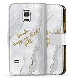 DeinDesign Klapphülle kompatibel mit Samsung Galaxy S5 Mini Handyhülle aus Kunst Leder weiß Flip Case Spruch Adventskalender M